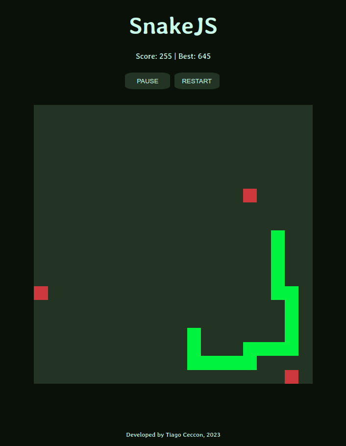 Screenshot of SnakeJS game with a match in progress